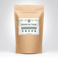 A kraft paper bag displays Rustic Strength Epsom Salt Soak with mint and eucalyptus essential oils for natural skin moisturizing.
