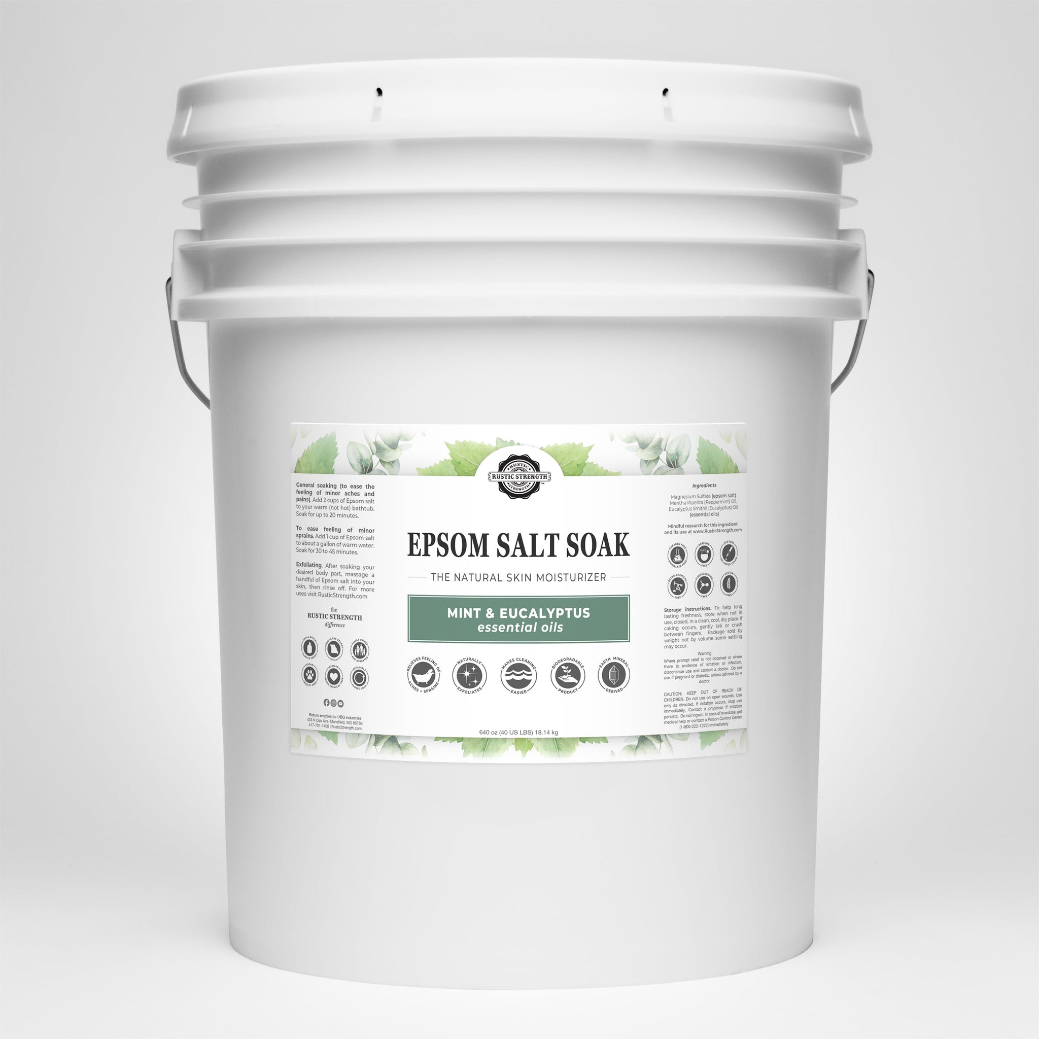 Discover a large bucket of Rustic Strength Epsom Salt Soak, featuring Mint & Eucalyptus essential oils for natural skin moisturizing.