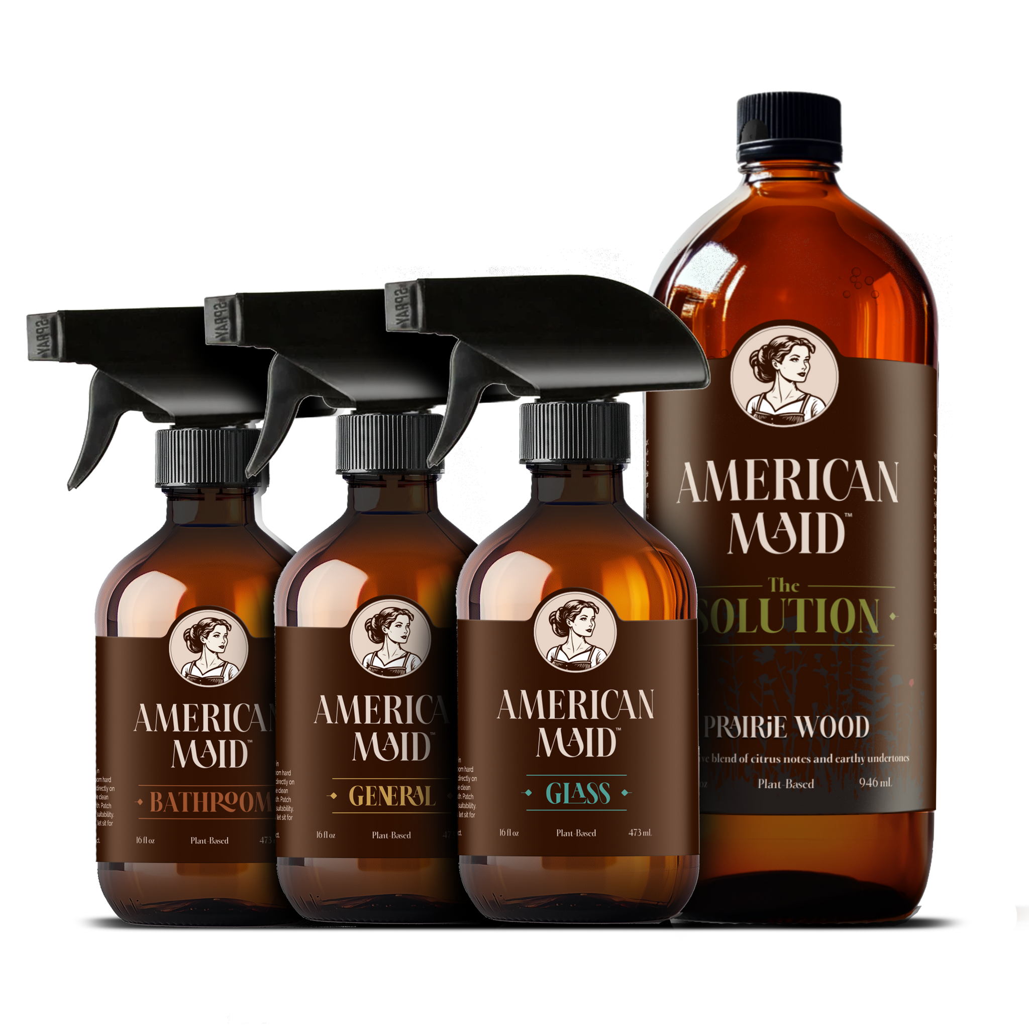 American Maid plant-based cleaning products, including bathroom cleaner, general cleaner, glass cleaner, and prairie wood scented solution, display elegantly against a black background.
