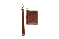 Showcases a brown leather ID badge holder with lanyard, ideal for work or travel.
