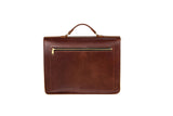 Showcases a stylish brown leather briefcase with a zippered pocket and top handle.
