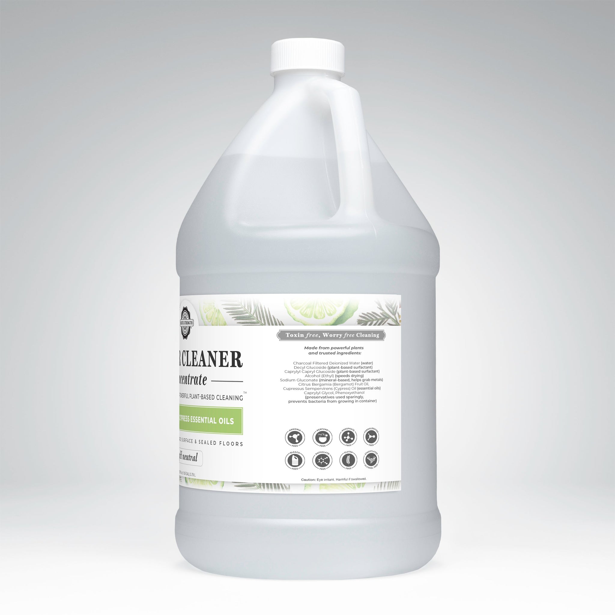 A gallon jug showcases plant-based cleaner concentrate with cypress essential oils, highlighting its toxin-free ingredients for surfaces and sealed floors.