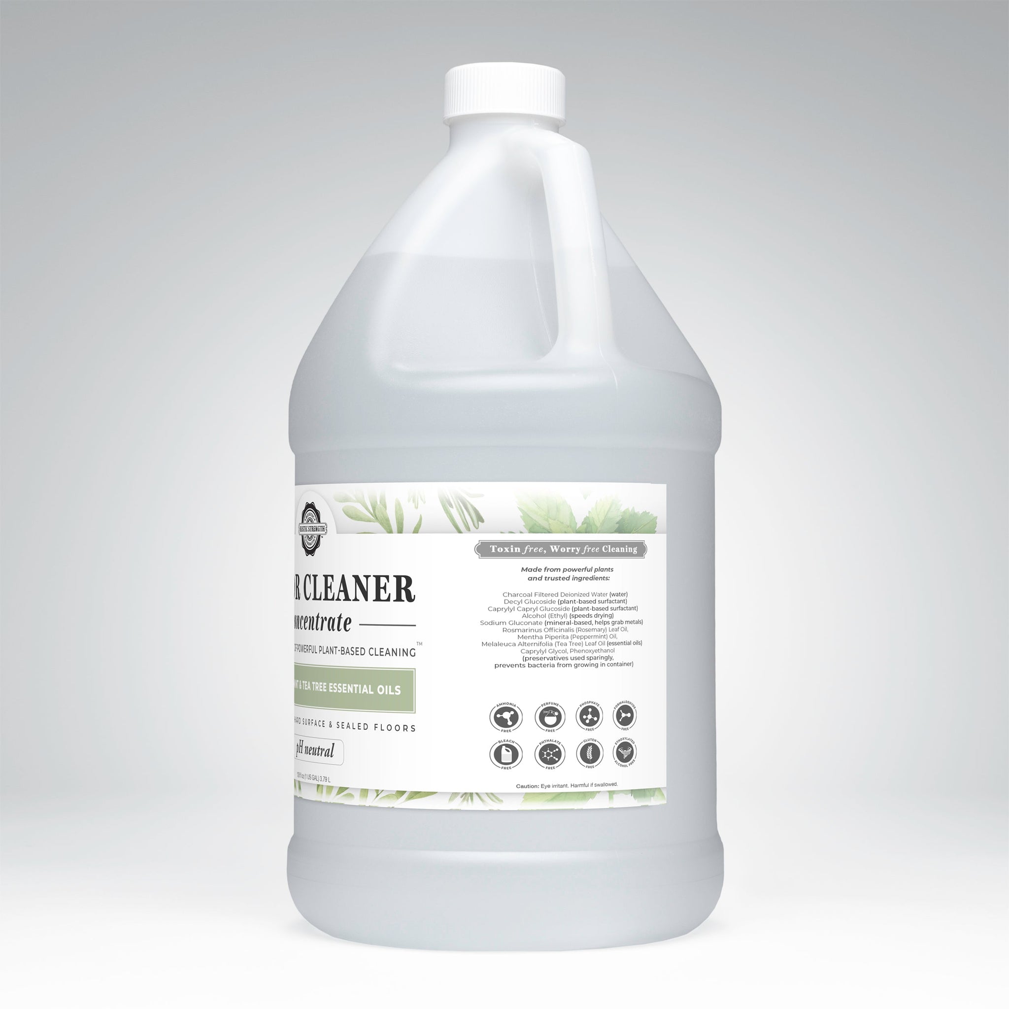 A gallon jug displays plant-based floor cleaner concentrate with tea tree essential oils, emphasizing toxin-free and powerful cleaning.
