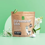 Green Llama's eco-friendly dishwasher tabs packaging, featuring a cute llama illustration, promotes its plastic-free, biodegradable, and non-toxic formula.
