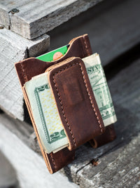 A minimalist brown leather wallet displays twenty-dollar bills and a credit card on rustic wooden planks.
