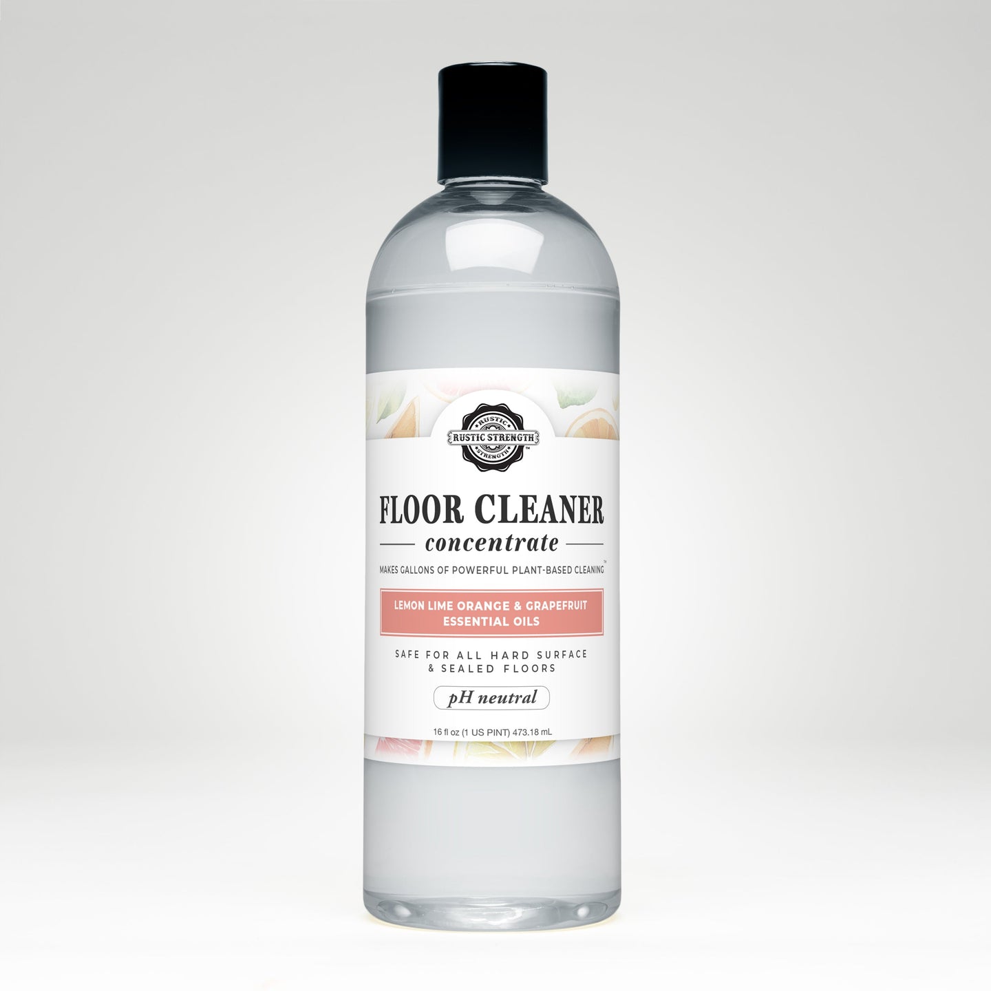 Bottle displays Rustic Strength floor cleaner concentrate with lemon lime orange and grapefruit essential oils.
