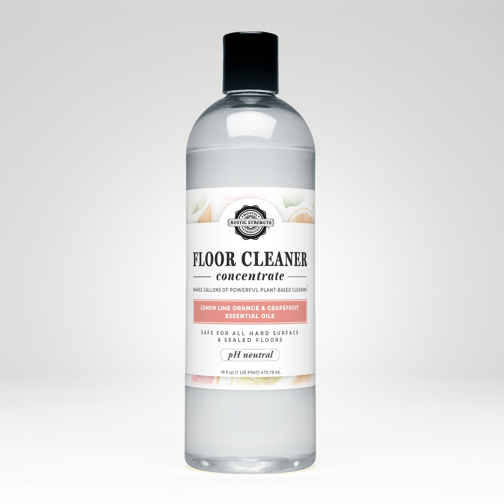 Bottle displays Rustic Strength floor cleaner concentrate with lemon lime orange and grapefruit essential oils.
