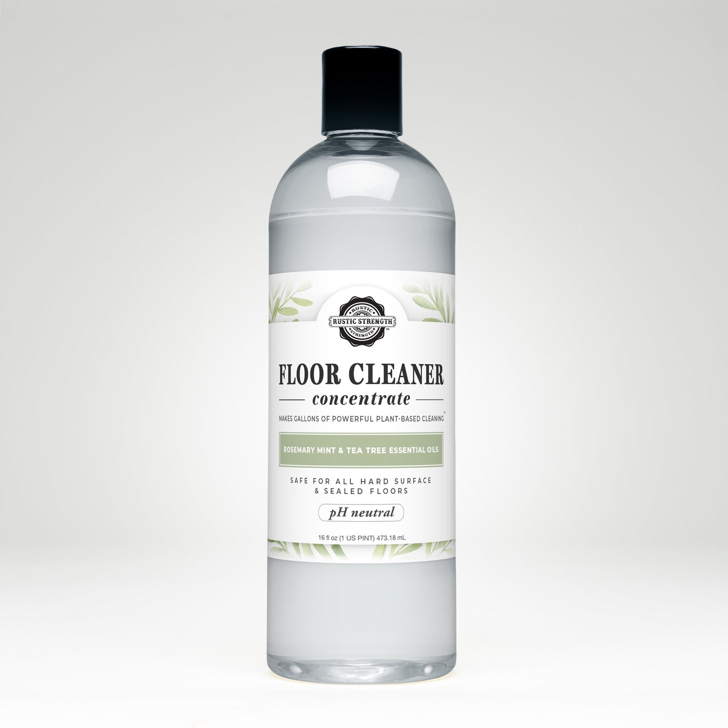 Bottle displays Rustic Strength floor cleaner concentrate, a plant-based, rosemary mint and tea tree essential oil cleaning product.
