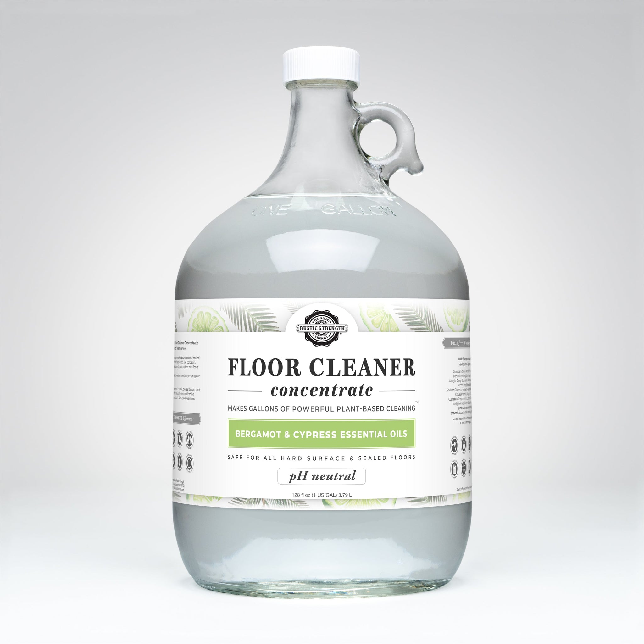 Rustic Strength's plant-based floor cleaner concentrate, infused with bergamot and cypress essential oils, comes in a reusable one-gallon glass jug.
