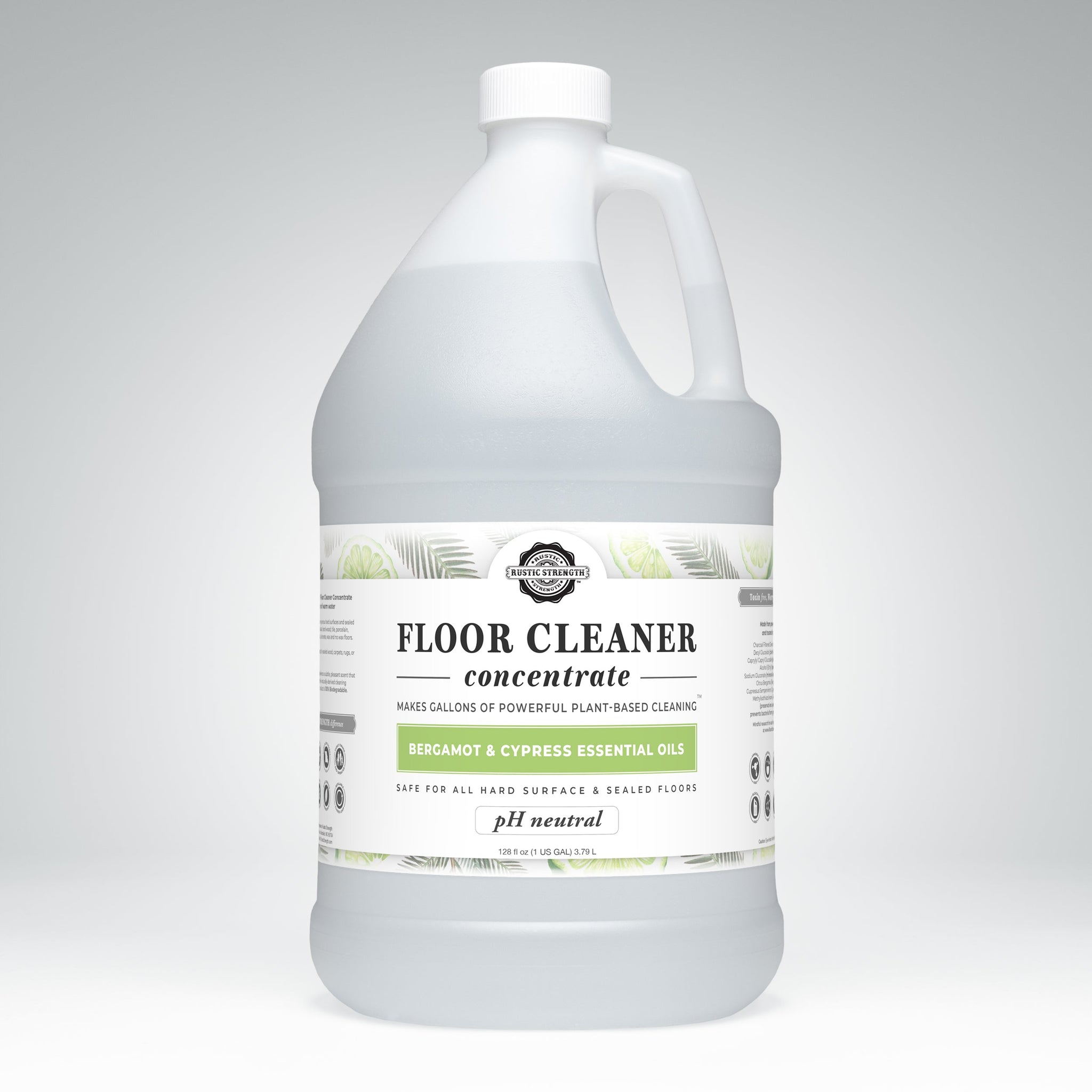 Showcases a gallon jug of Rustic Strength floor cleaner concentrate with bergamot and cypress essential oils.
