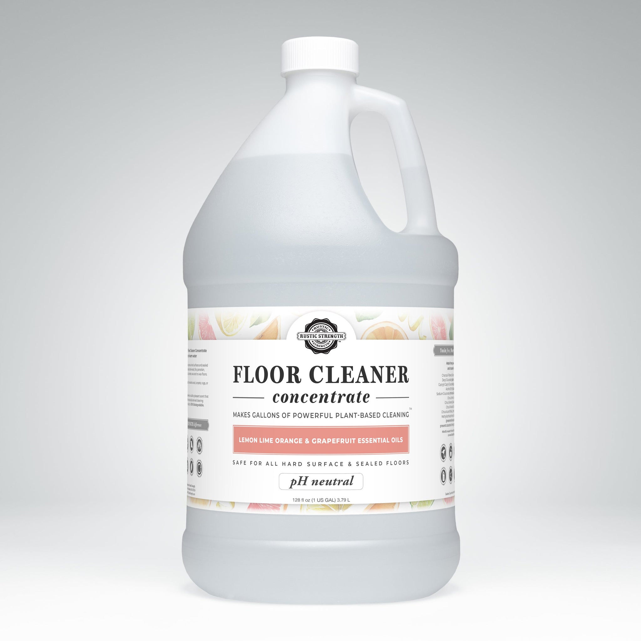 A gallon jug of Rustic Strength floor cleaner concentrate promises plant-based cleaning with lemon, lime, orange, and grapefruit essential oils.