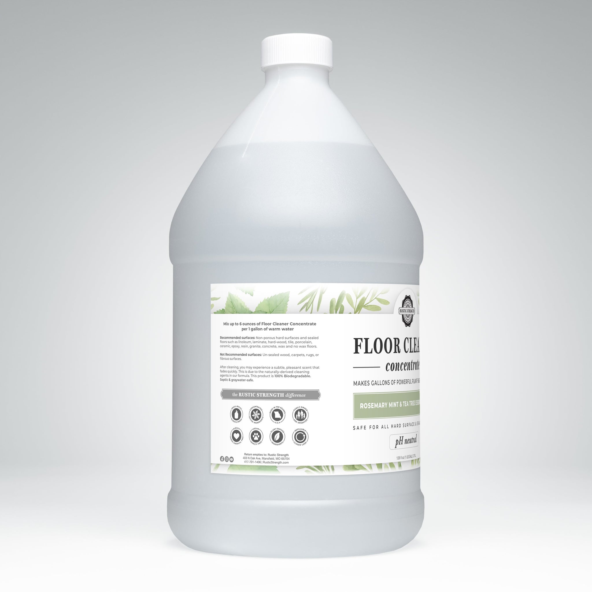 Rustic Strength floor cleaner concentrate promises powerful plant-based cleaning for hard surfaces with a rosemary mint scent.
