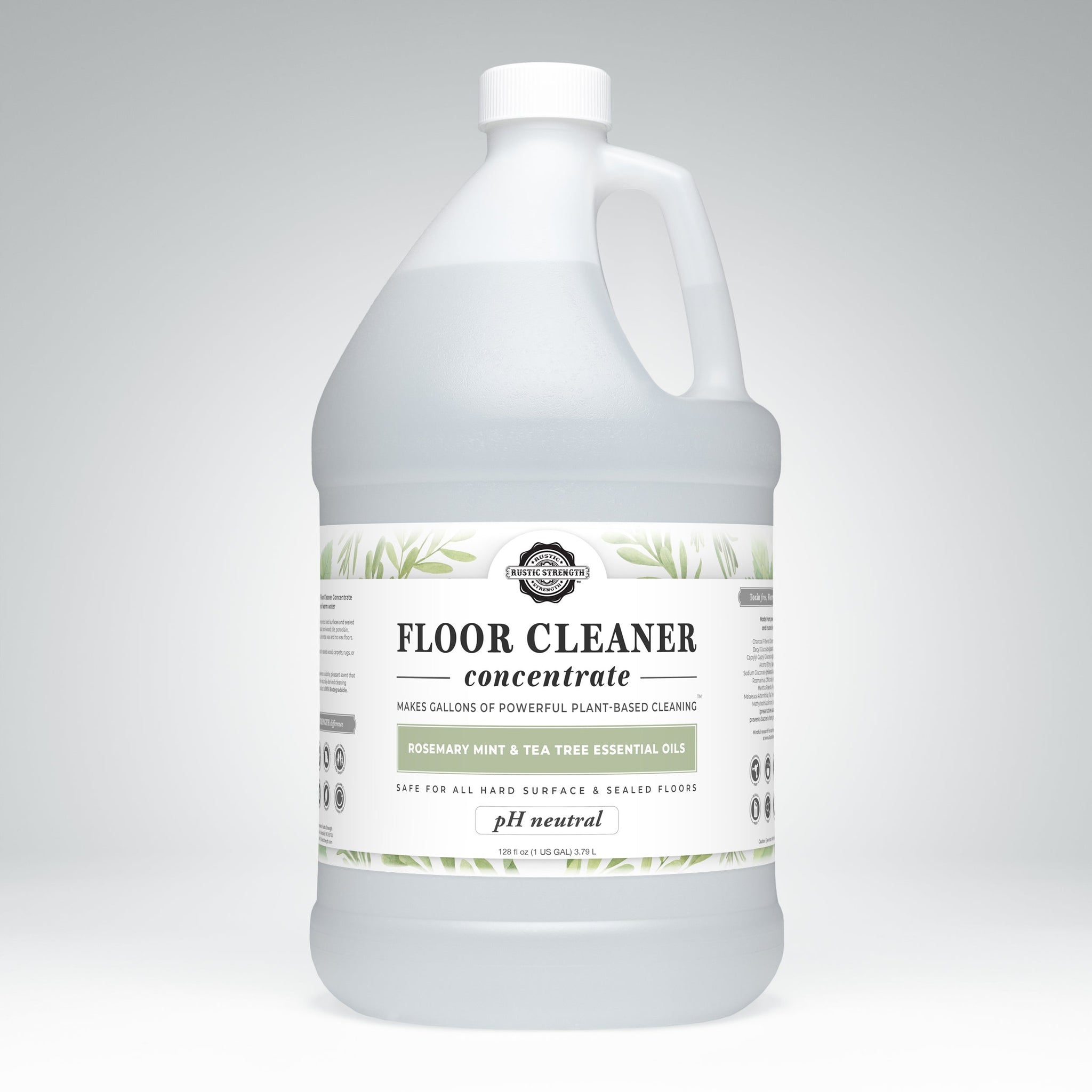 Shows a gallon jug of Rustic Strength floor cleaner concentrate with rosemary, mint, and tea tree essential oils.
