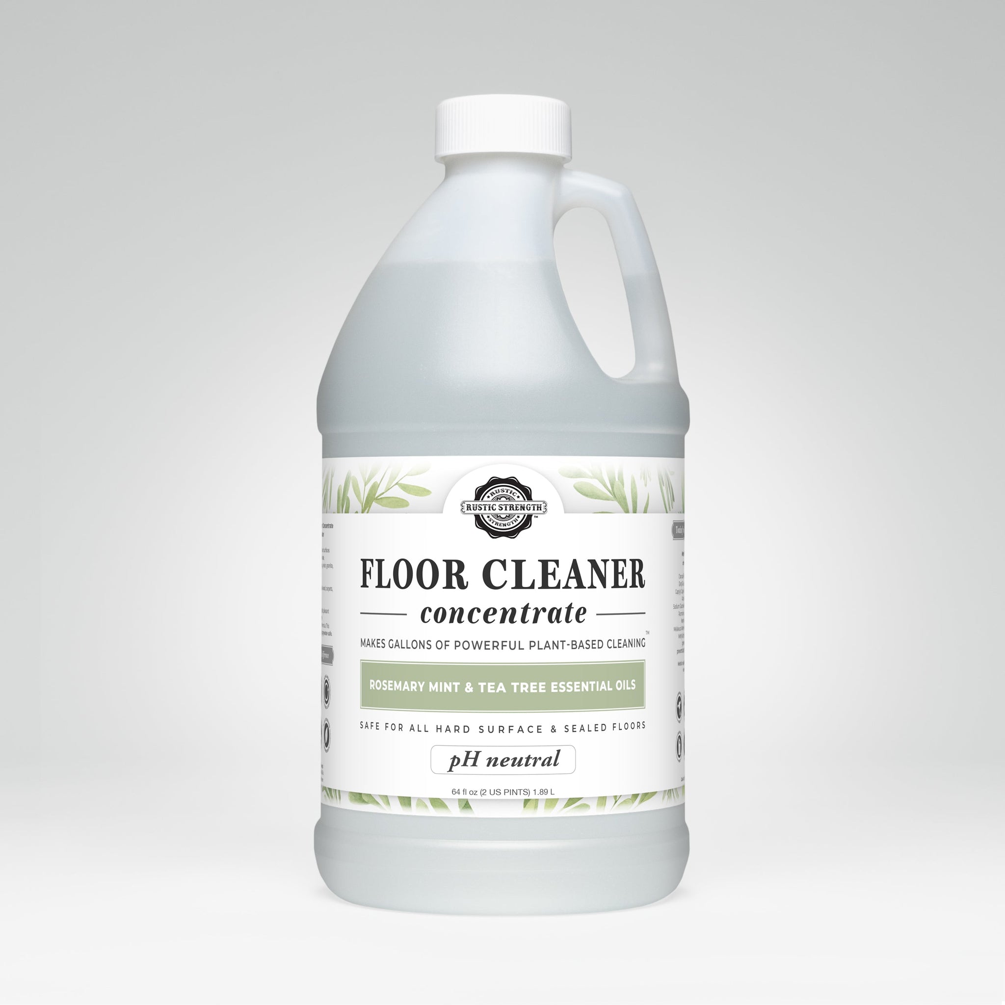 Rustic Strength's plant-based floor cleaner concentrate, featuring rosemary mint and tea tree essential oils, promises powerful, pH-neutral cleaning for hard surfaces.