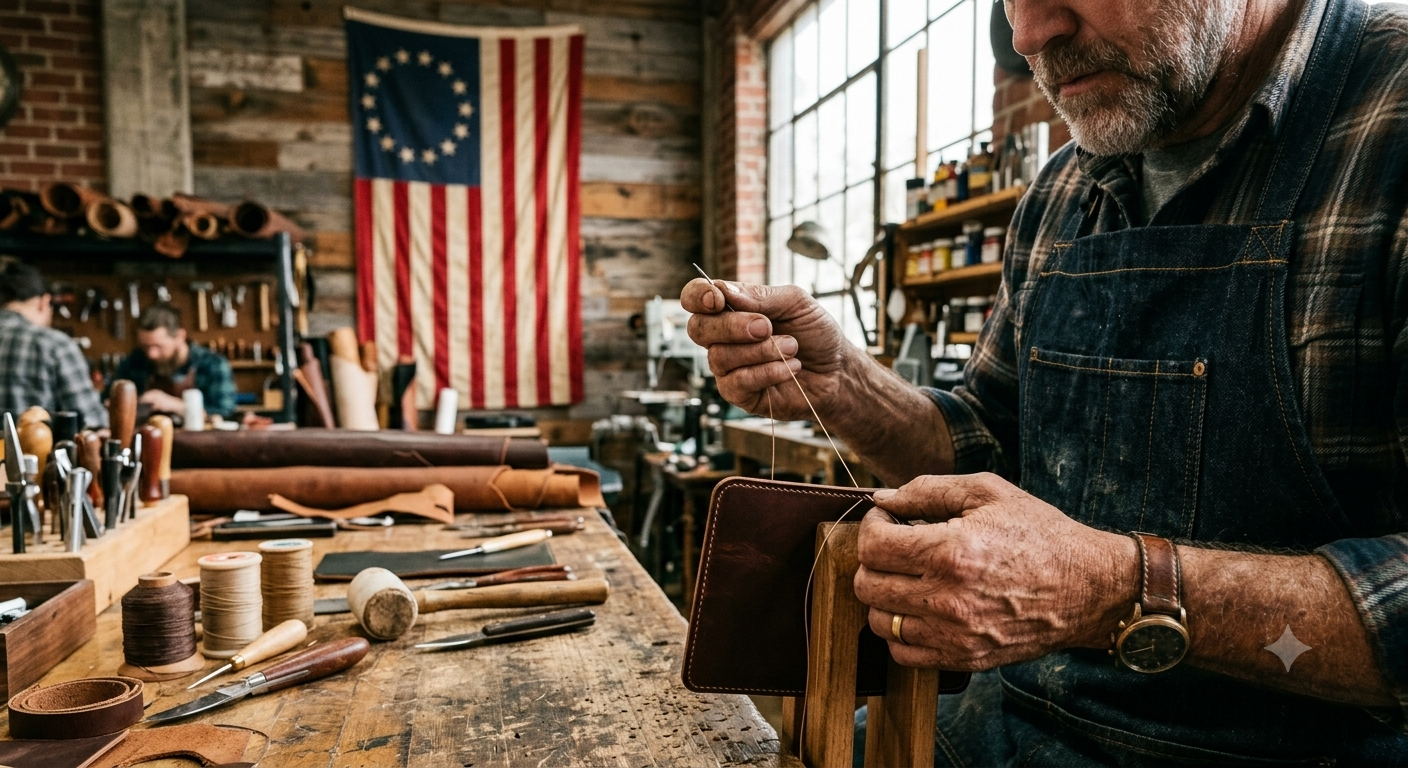 A leather craftsman in a rustic workshop, shown in profile sewing a brown leather item on a workbench with tools and an American flag hanging in the background.
