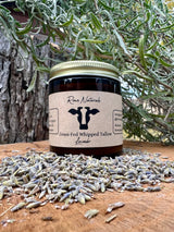 Rowe Naturals presents their grass-fed whipped tallow lavender skincare product, showcasing its natural ingredients and rustic charm.

