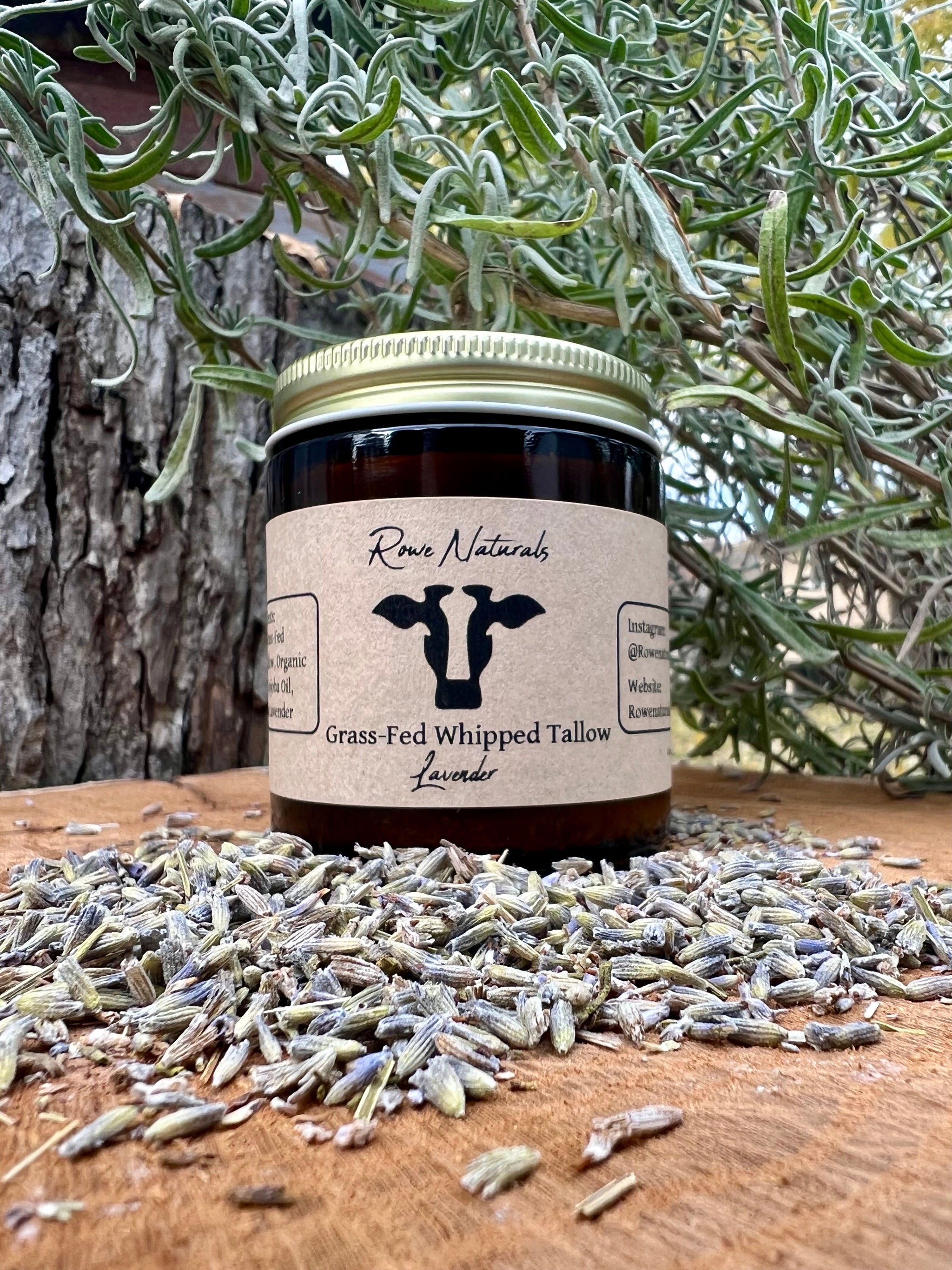 Rowe Naturals presents their grass-fed whipped tallow lavender skincare product, showcasing its natural ingredients and rustic charm.
