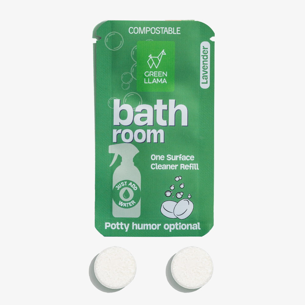 Green Llama sells compostable lavender bathroom cleaner refills, shown with two dissolvable tablets.
