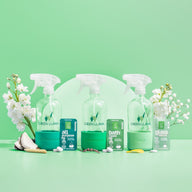Green Llama showcases its eco-friendly, compostable cleaning products including all-purpose, bathroom, and glass cleaners on a pastel green background with floral accents.

