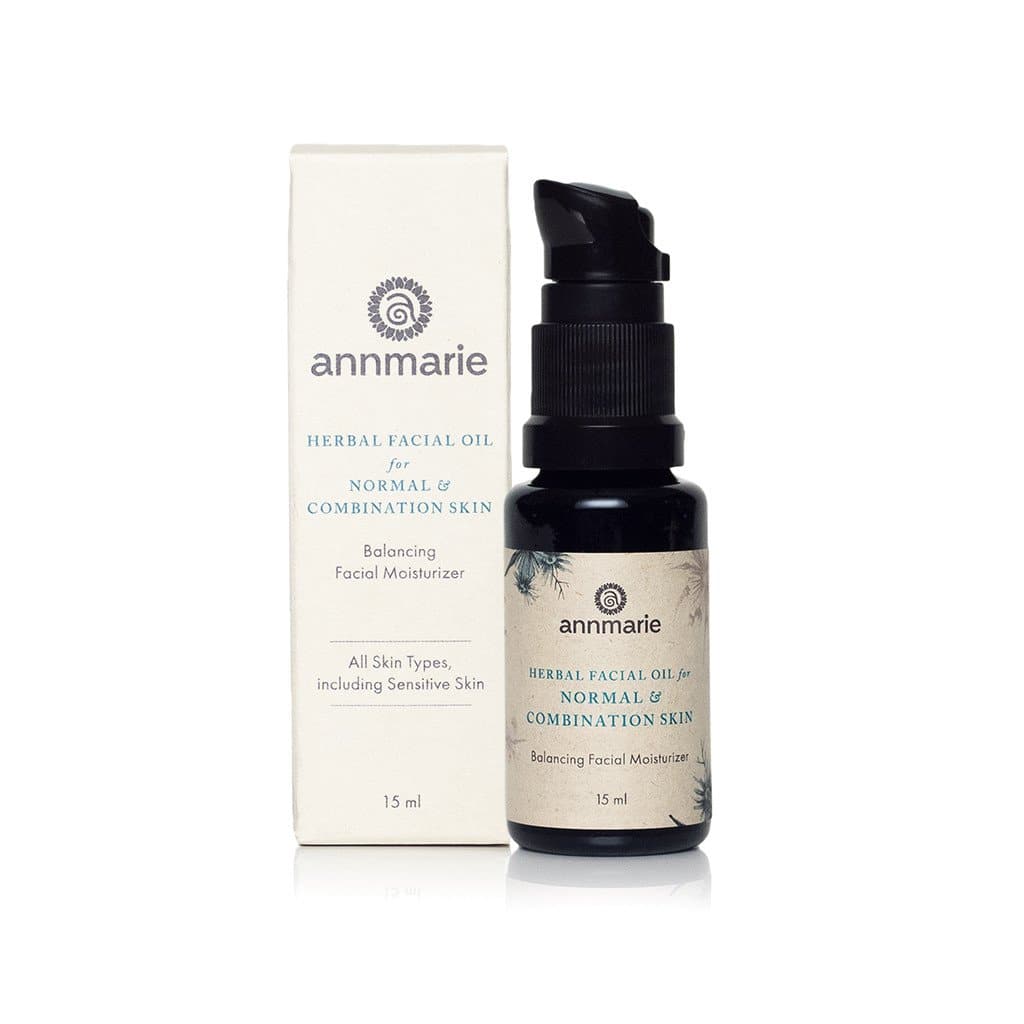 Annmarie balancing facial oil for normal and combination skin sits next to its product box.

