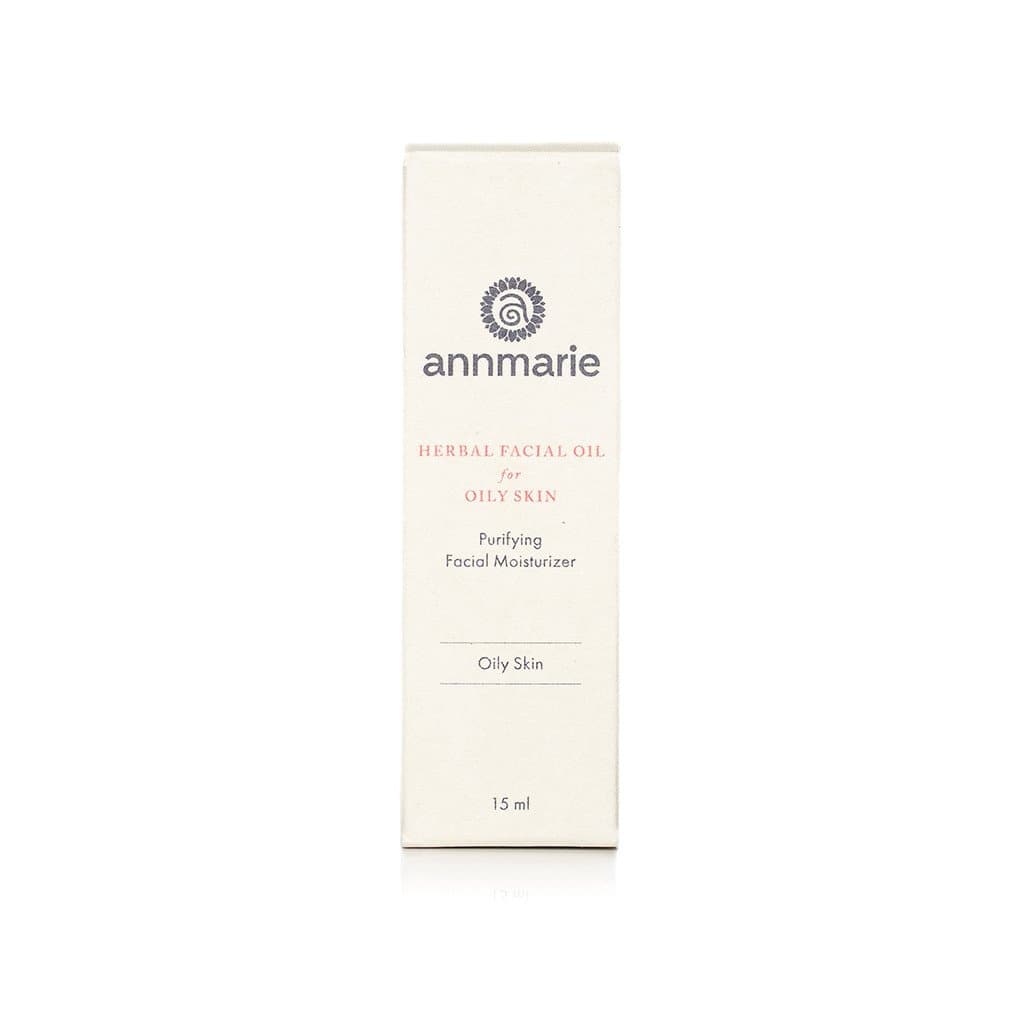 Annmarie's Herbal Facial Oil for Oily Skin is packaged in a clean, white box promoting purifying facial moisturizer.
