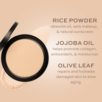 Close-up shows an open compact of face powder, highlighting its rice powder, jojoba oil, and olive leaf ingredients for absorbing oil, promoting collagen, and repairing skin.
