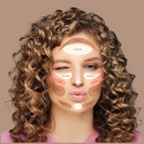 Woman's face winks while showcasing a makeup contouring guide with bronzer, blush, and highlighter placement.
