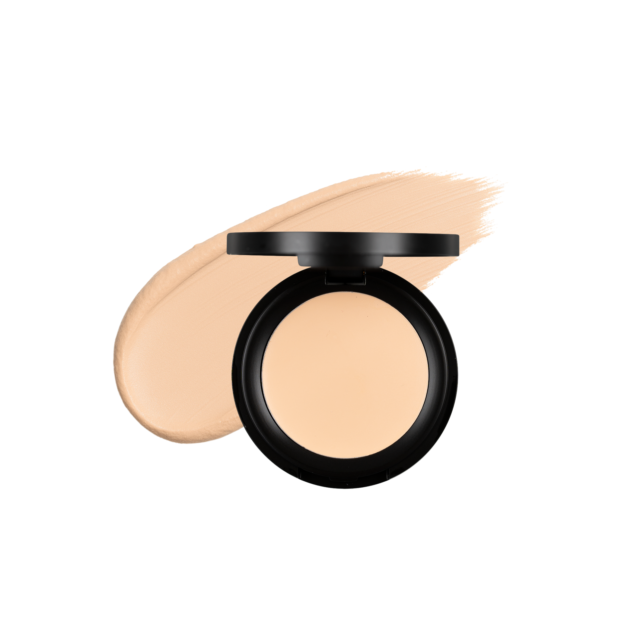 Foundation makeup compact sits beside a beige cream swatch on a white background.
