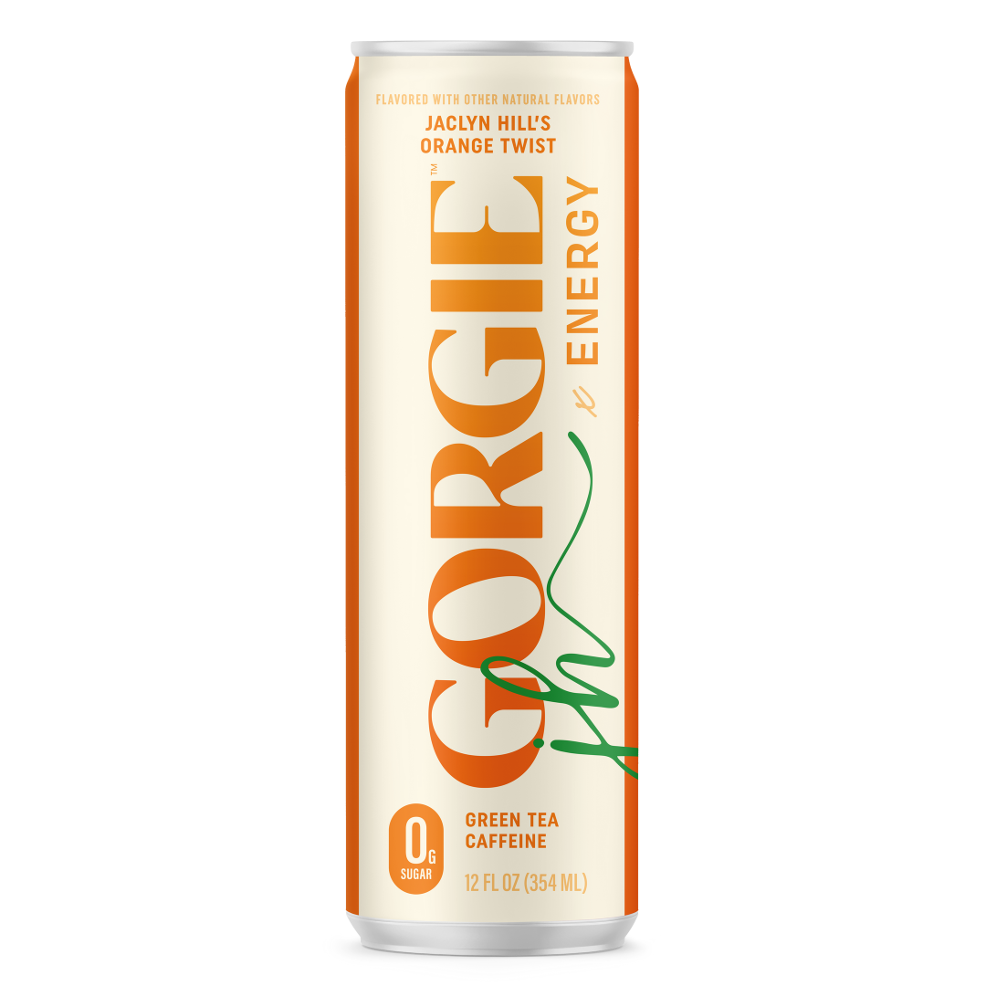 A can of Jaclyn Hill's Gorgie Energy drink in orange twist flavor features green tea caffeine with zero sugar.