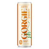 A can of Jaclyn Hill's Gorgie Energy drink in orange twist flavor features green tea caffeine with zero sugar.
