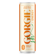 A can of Jaclyn Hill's Gorgie Energy drink in orange twist flavor features green tea caffeine with zero sugar.