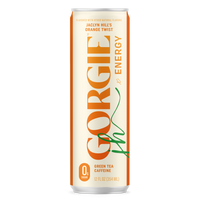 A can of Jaclyn Hill's Gorgie Energy drink in orange twist flavor features green tea caffeine with zero sugar.