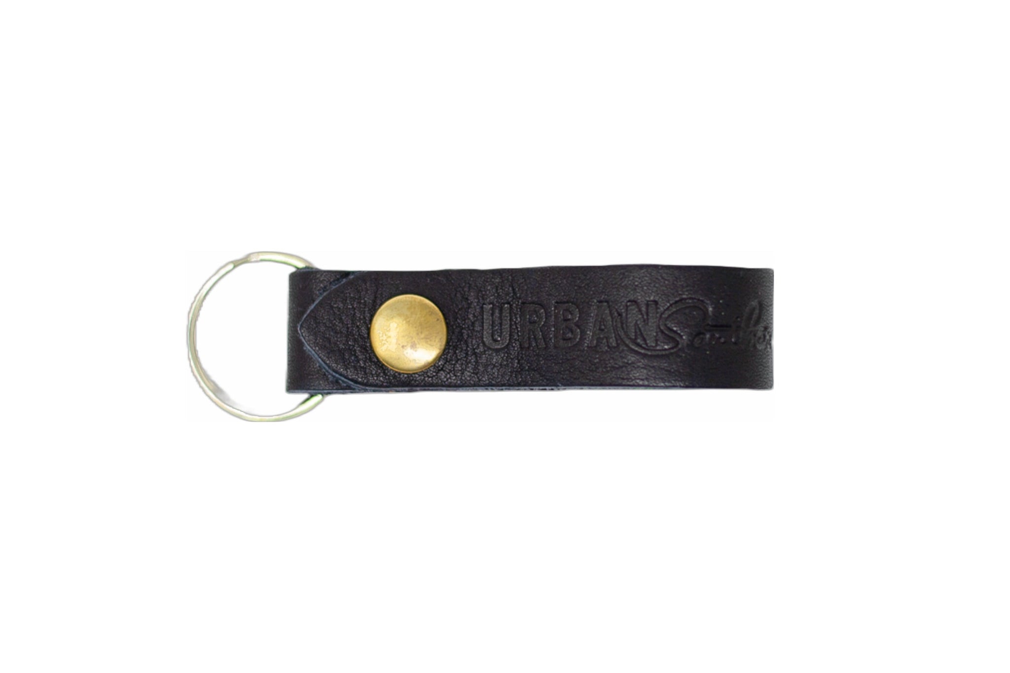 Showcases the stylish "Urban Southern" black leather keychain with a brass rivet and silver keyring.
