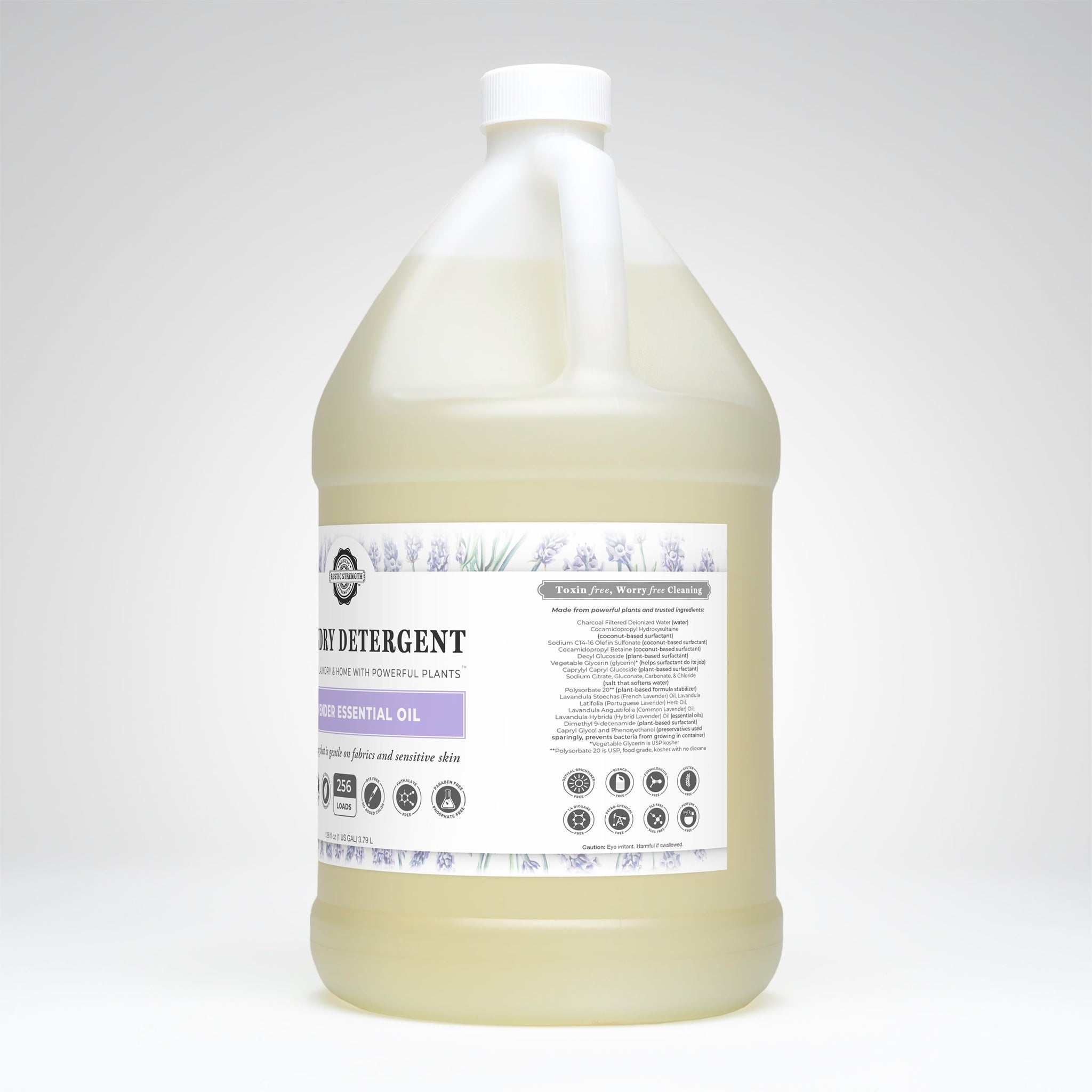 A jug of Rustic Strength laundry detergent, infused with lavender essential oil and gentle on sensitive skin, promises toxin-free, worry-free cleaning with plant-based ingredients.
