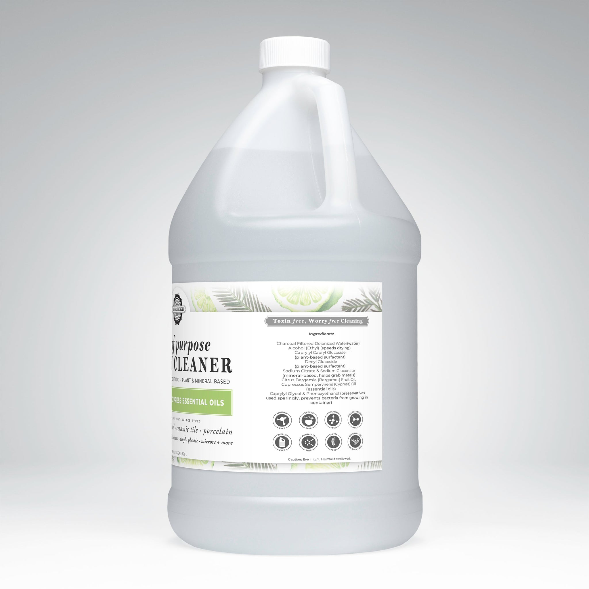 Showcases a gallon jug of non-toxic, plant and mineral-based all-purpose cleaner with cypress essential oils.