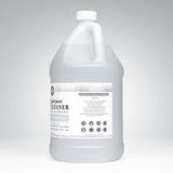 A gallon jug of toxin-free, hypoallergenic, plant-based, all-purpose cleaner sits against a white background, showcasing its ingredients and suitability for various surfaces.
