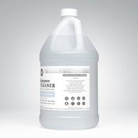 A gallon jug of toxin-free, hypoallergenic, plant-based, all-purpose cleaner sits against a white background, showcasing its ingredients and suitability for various surfaces.
