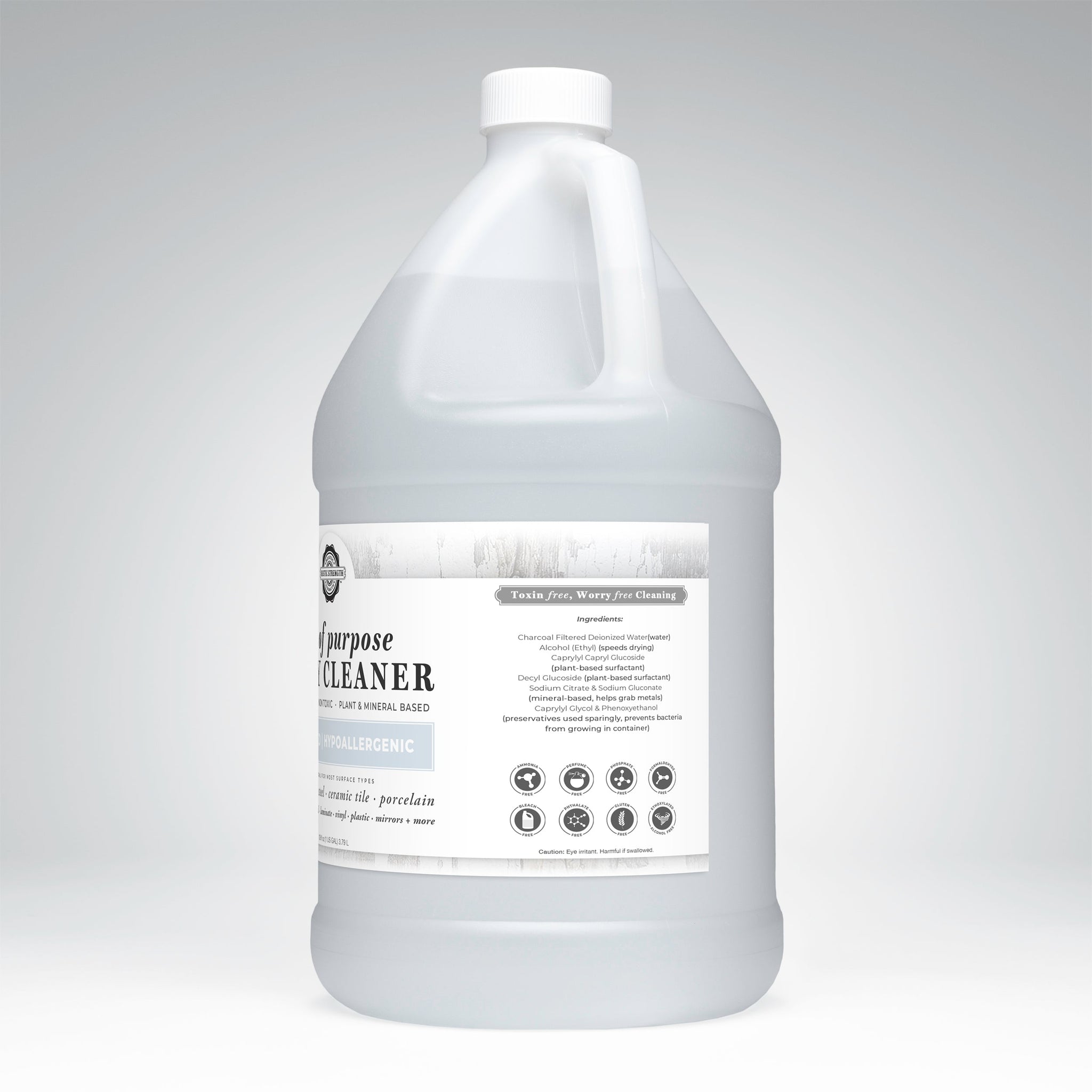 A gallon jug of toxin-free, hypoallergenic, plant-based, all-purpose cleaner sits against a white background, showcasing its ingredients and suitability for various surfaces.
