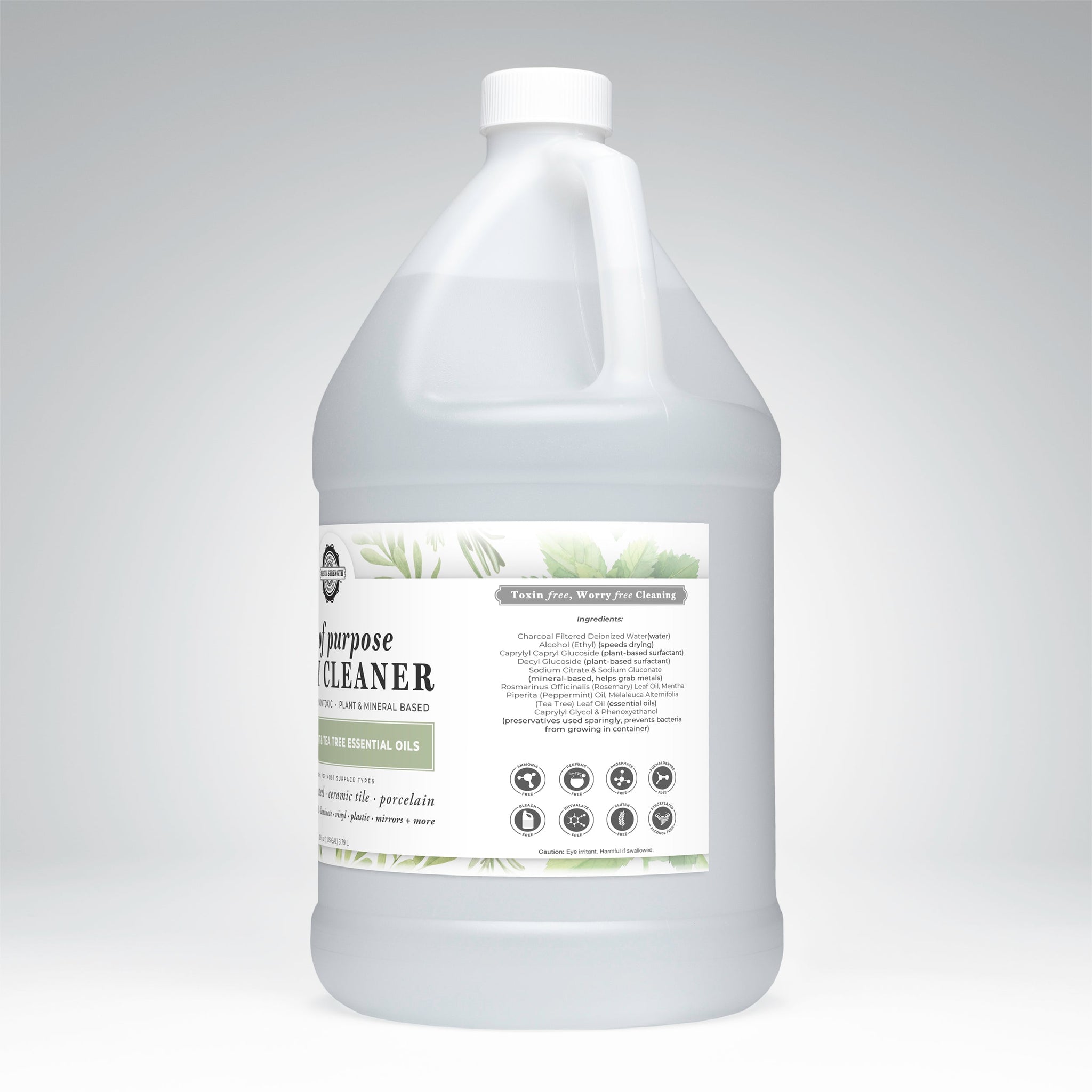 A gallon jug displays toxin-free, multi-purpose cleaner made with tea tree essential oils and plant-based ingredients.
