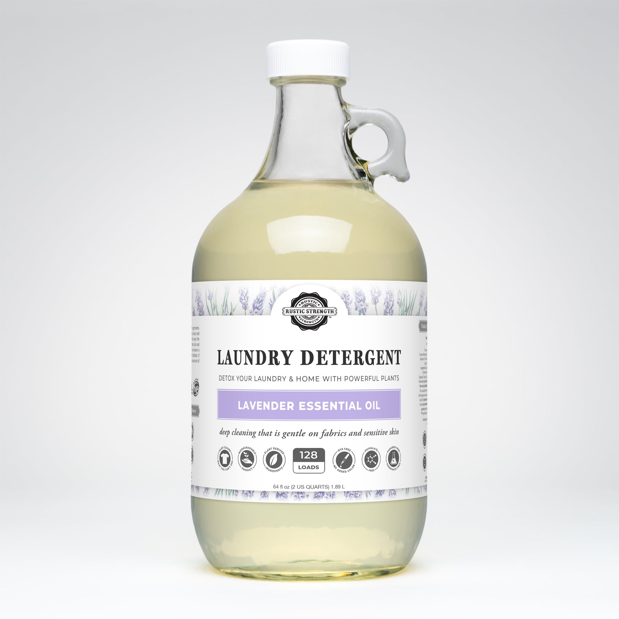 Rustic Strength Lavender Essential Oil laundry detergent fills a glass jug with handle.
