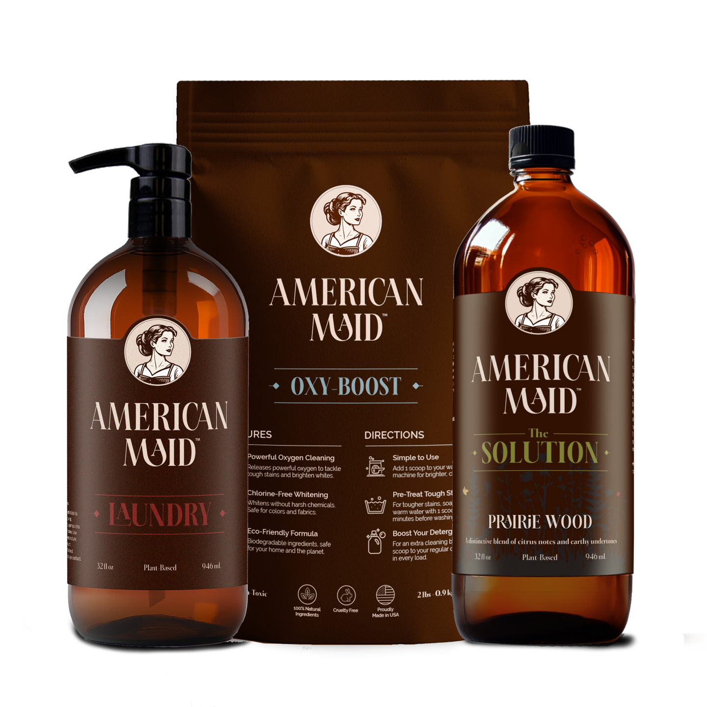 Showcasing American Maid laundry and cleaning products, including laundry detergent, oxy-boost, and prairie wood solution, emphasizing their plant-based, eco-friendly formulas.
