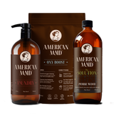 Showcasing American Maid laundry and cleaning products, including laundry detergent, oxy-boost, and prairie wood solution, emphasizing their plant-based, eco-friendly formulas.
