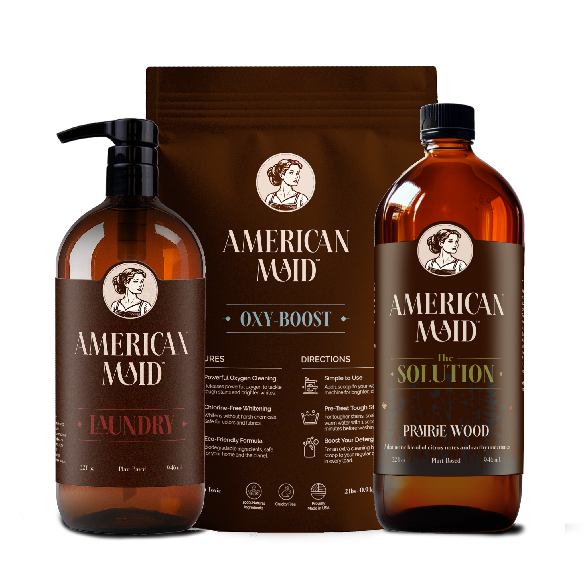 Showcasing American Maid laundry and cleaning products, including laundry detergent, oxy-boost, and prairie wood solution, emphasizing their plant-based, eco-friendly formulas.

