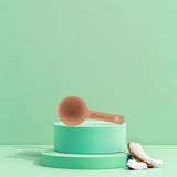 Green Llama wooden scoop sits on a turquoise pedestal beside coconut pieces.
