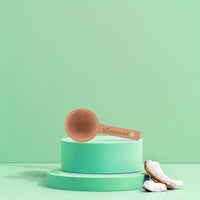 Green Llama wooden scoop sits on a turquoise pedestal beside coconut pieces.
