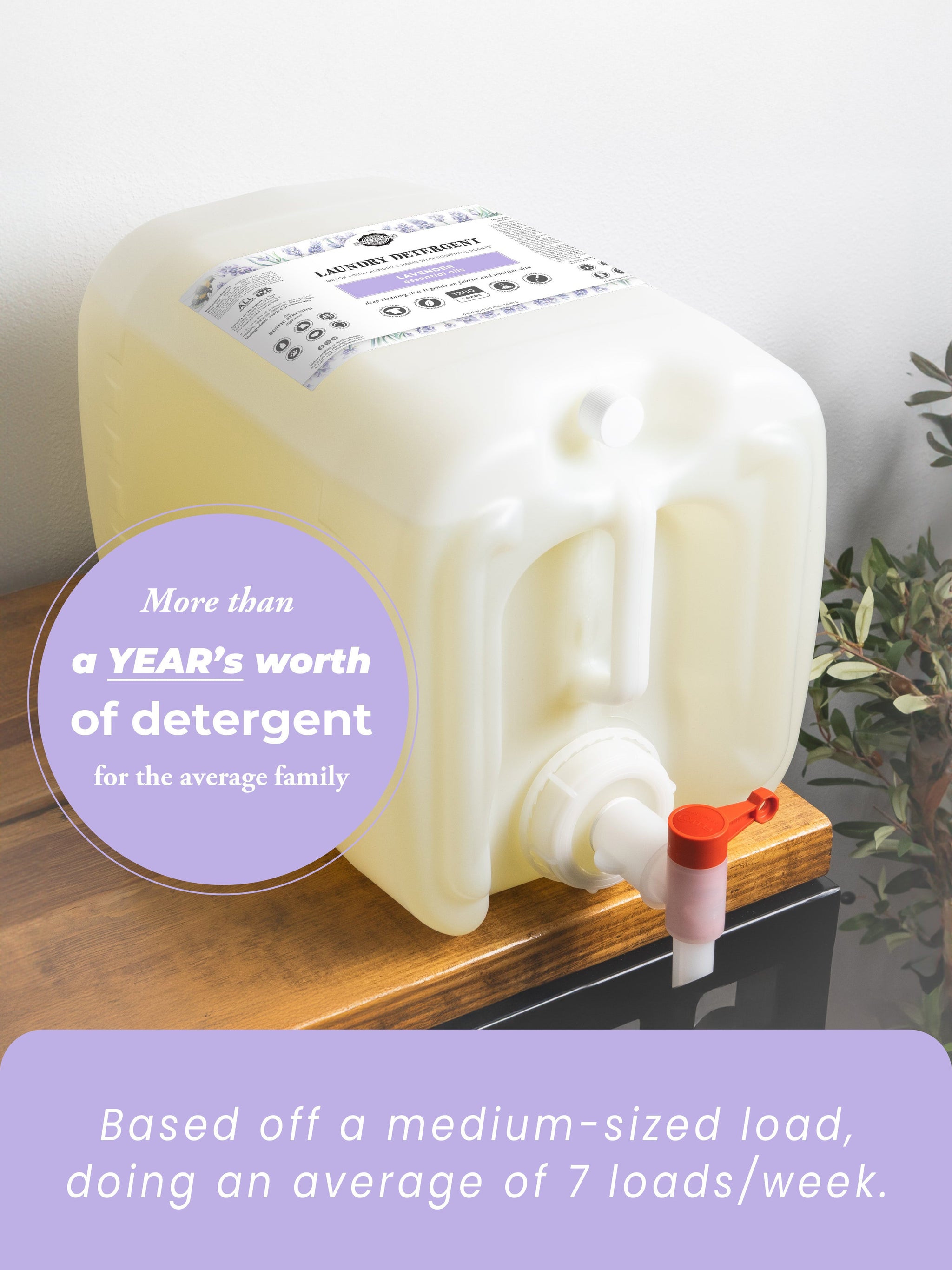 See a large container of lavender essential oil laundry detergent promising a year's worth of washes for families.