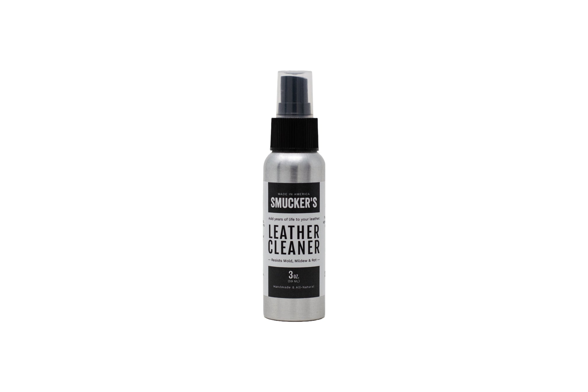 A bottle of Smucker's Leather Cleaner promises to add years of life to leather and resist mold.
