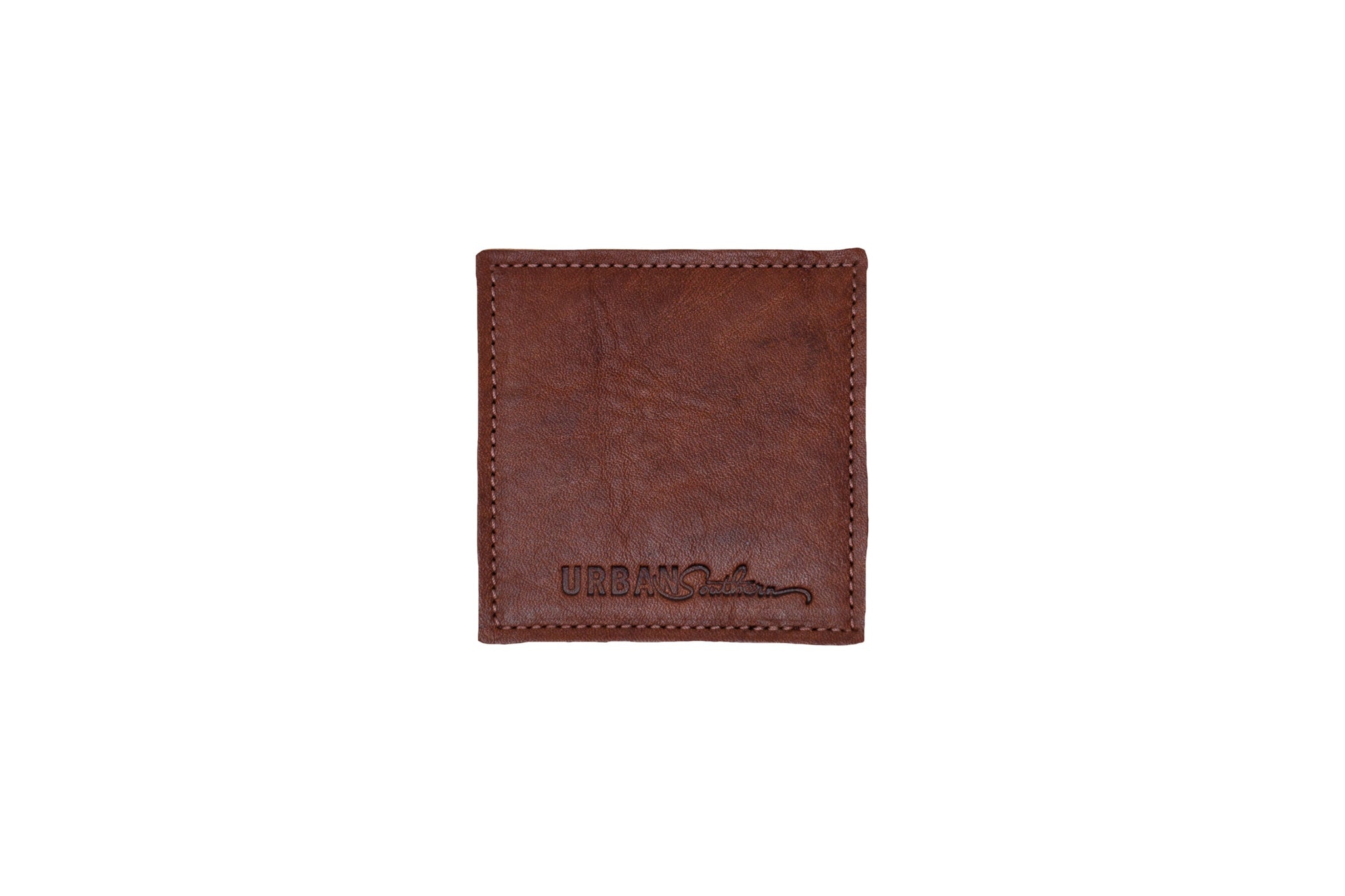 Close-up shows a stitched brown leather wallet with the "Urban Southern" logo embossed on its lower half.

