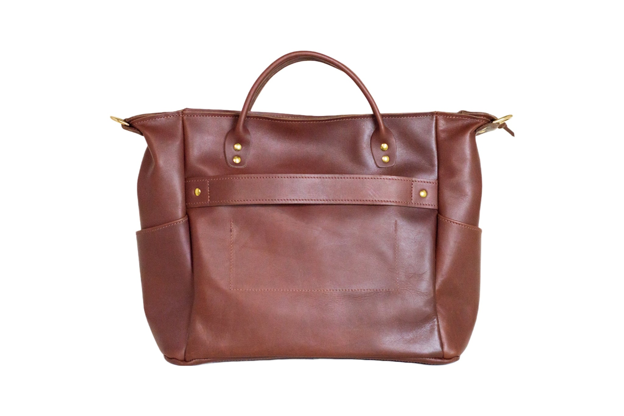 Showcases a luxurious, brown leather tote bag with top handles and side pockets.
