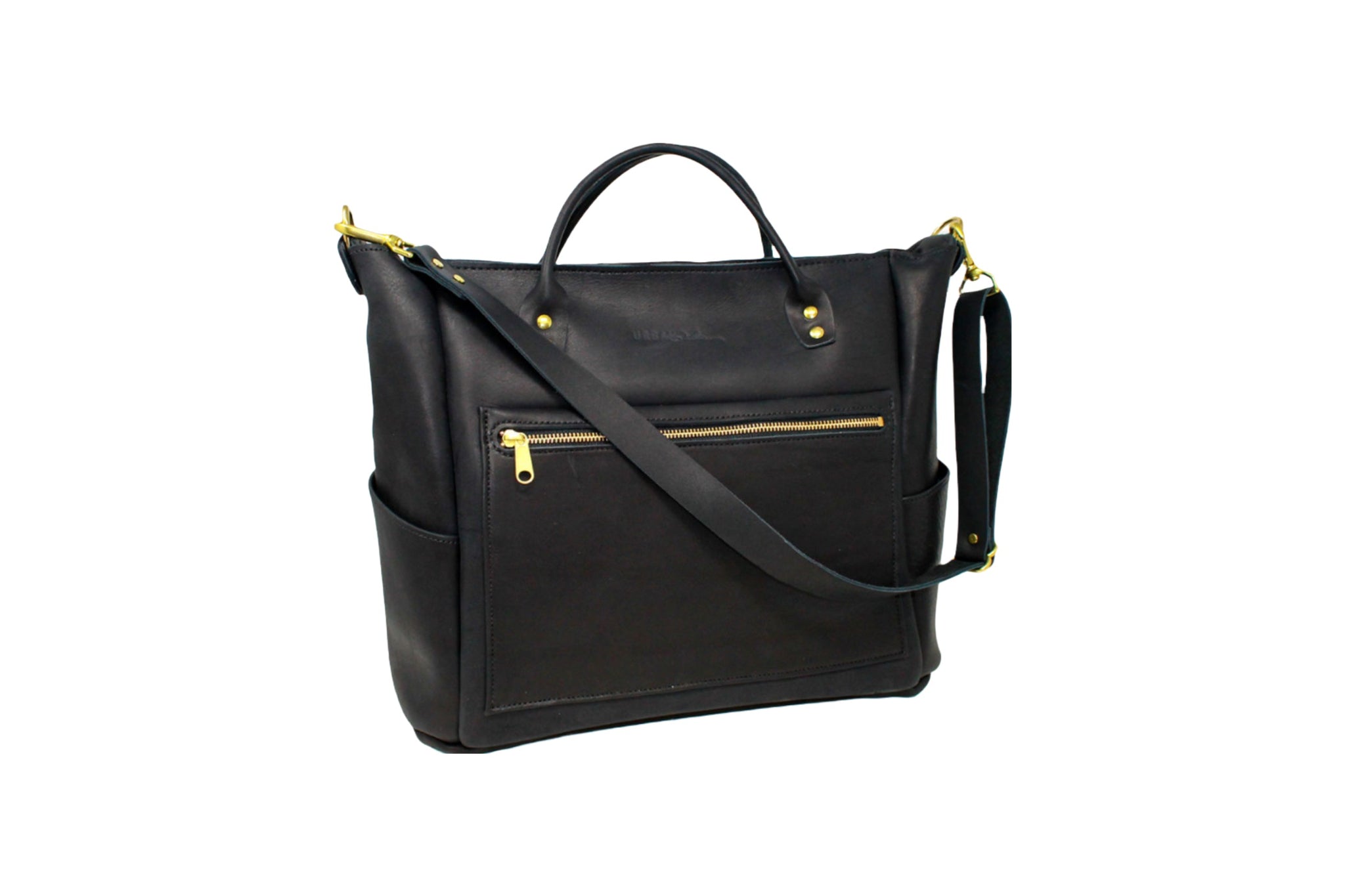 Black leather tote bag displays its front zippered pocket and adjustable shoulder strap.
